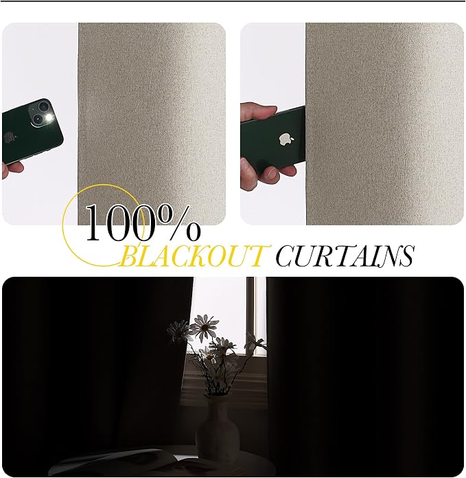NICETOWN 100% Blackout Linen Curtains 96 inches Long, Crisp Faux Linen Curtains - Image 2