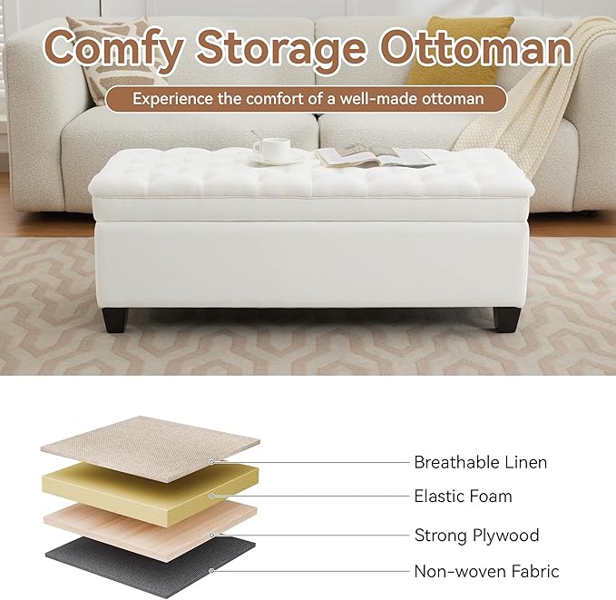 WUTUTUEE 51" Fabric Storage Ottoman Bench, Upholstered Rectangle End of Bed - Image 5