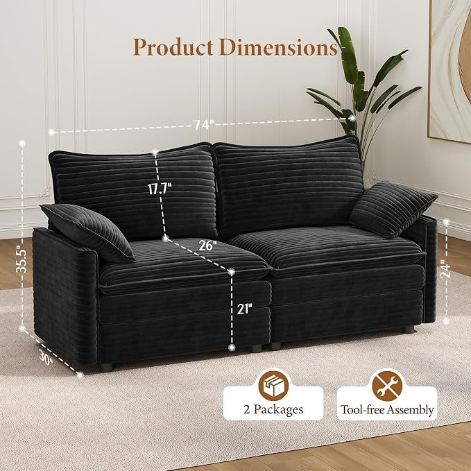 Vesgantti 74" Cloud Couch for Living Room, 2 Seaters Deep Seat Sectional - Image 2