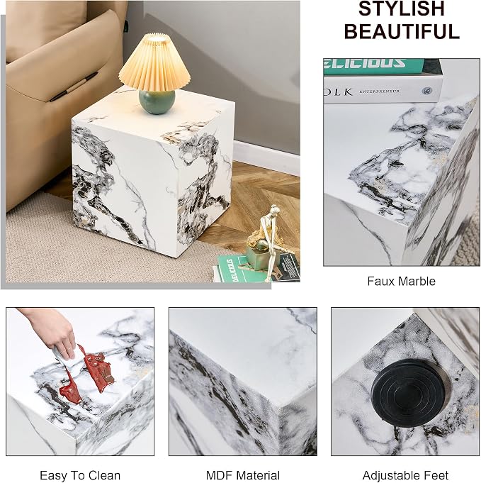 16'' Cube Coffee Table with Marble Stone Pattern, Square No Assembly End Table - Image 7