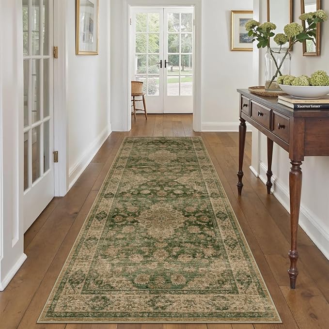 3x10 Green Retro Floral Washable Runner Rug by HUGEAR