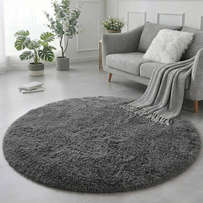 Amdrebio Grey Round Large Shaggy Plush Area Rug 7Ft - Image 5