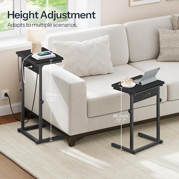 HOOBRO C-Shaped End Table with Charging Station, Adjustable Height Sofa Tray - Image 3