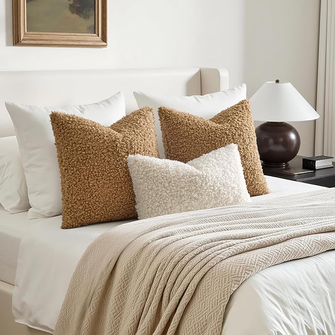 Faux Fur Throw Pillow Covers 18x18 Inch Set of 2 Boucle Neutral Decorative - Image 5
