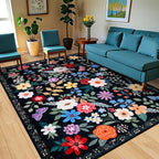 PLHXFR 8x10 Area Rug Living Room: Floral Washable Boho Soft Carpet Black | - Image 2
