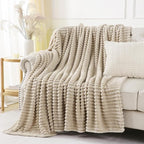 Khaki Throw Blanket for Couch Sofa 108x90 inches Striped Design | Fleece - Image 4