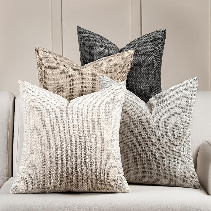 Volcanics Boho Throw Pillow Covers 18x18 Set of 4, Neutral Chenille Decorative by Volcanics