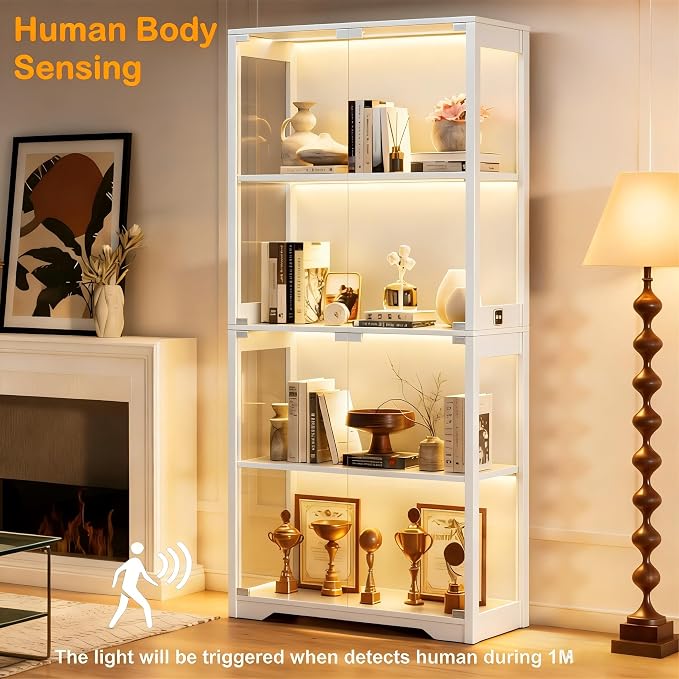 Display Cabinet with Glass Doors, Curio Cabinet with 3 LED Lights and Human - Image 4