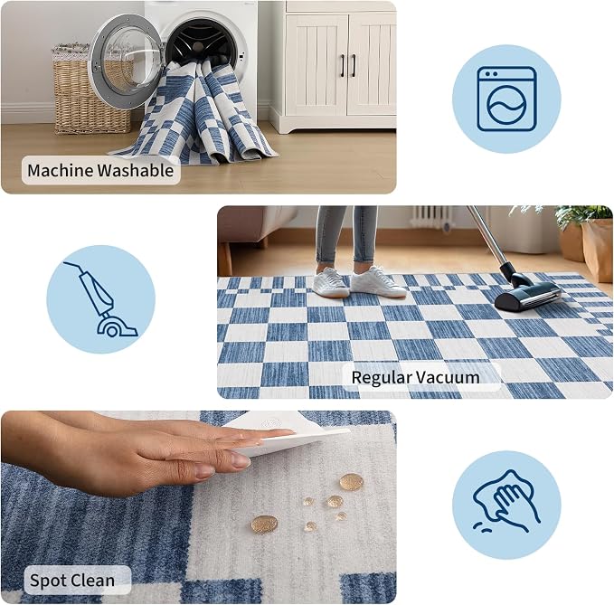 GarveeHome 8x10 Area Rugs Geometric Washable Modern Dark Blue Checkered Rug | - Image 9