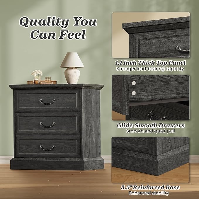 Huuger Nightstand with Charging Station, 3 Drawer Night Stand Set of 2 - Image 8