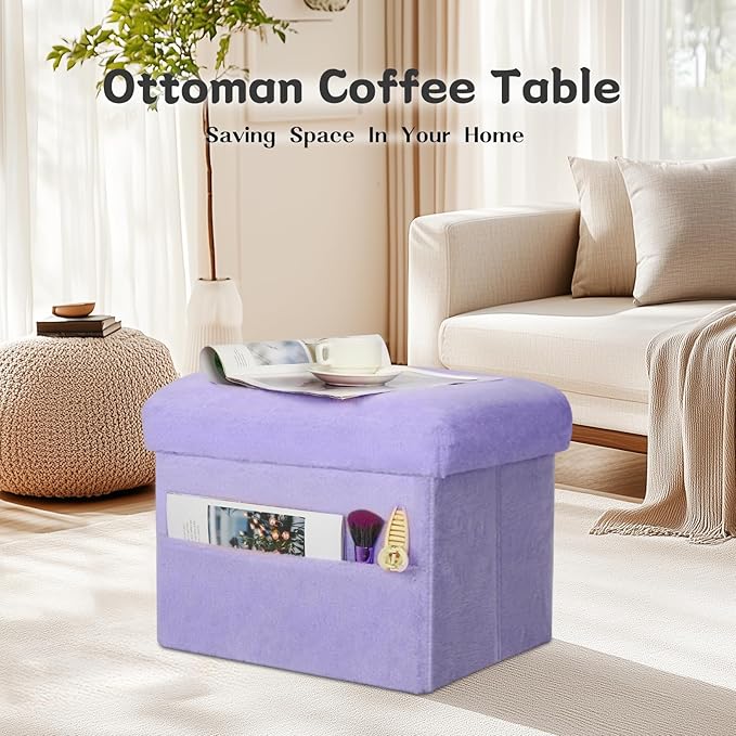 Small Ottoman with Storage, Folding Soft Fur Storage Foot Rest Stool with - Image 4