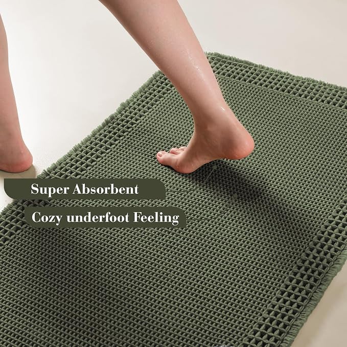 RESARE Waffle Bathroom Runner Rugs, Non Slip Boho Bath Mat 24"x60" Green | Long - Image 3