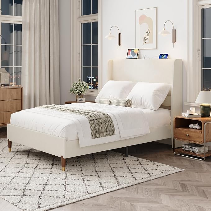 MALOL Full Size Bed Frame with Upholstered Headboard, Linen Fabric Platform Bed - Image 8