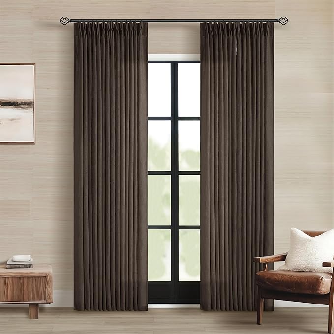 Dark Chocolate 84 Inch Pinch Pleated Semi Sheer Linen Curtains 2 Panels | by Twodrapes