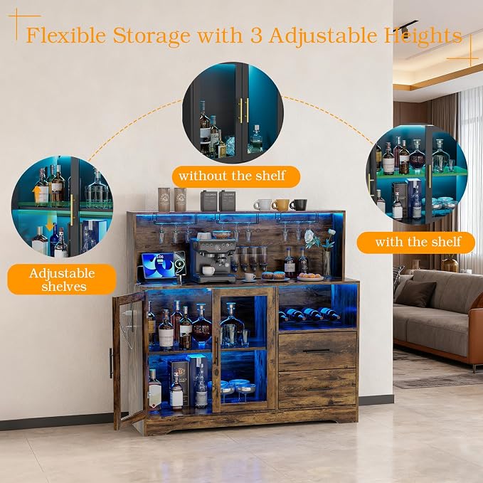 Home Bar Cabinet with Adjustable RGB LED Light, Wine & Coffee Storage with Rack - Image 8