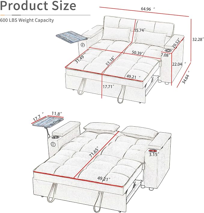 Auvsoce 65" 3-in-1 Pull-Out Convertible Sofa Bed - Image 2