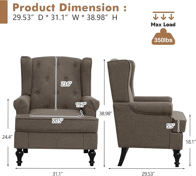 Accent Chair Set of 2, Mid Century Modern Fabric Wingback Chair, Upholstered - Image 2
