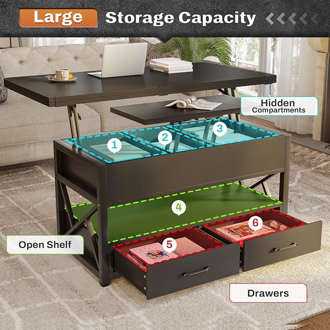 Itaar 40" Lift Top Coffee Table, 4 in 1 Coffee Tables - Image 3