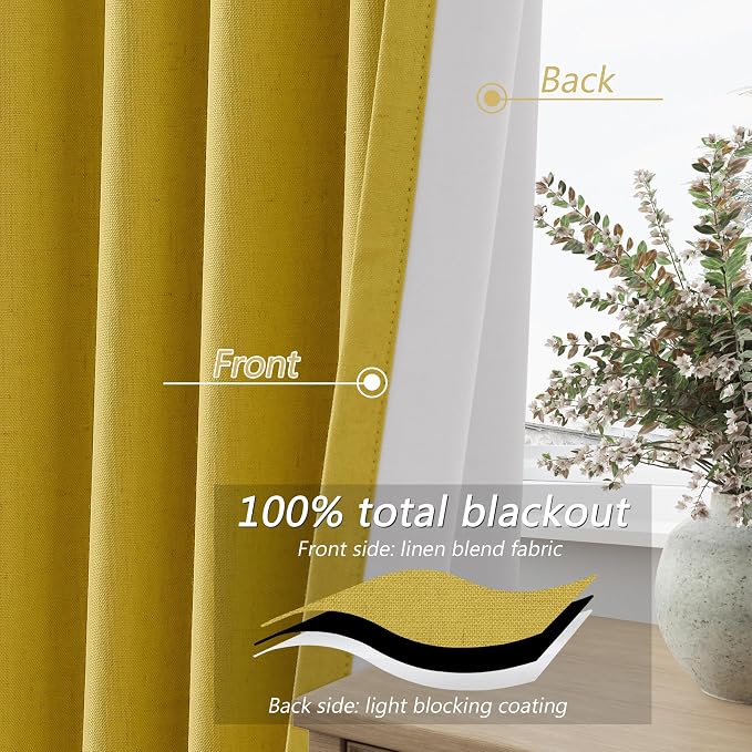 Celery Yellow 100% Blackout Linen Curtains 102 Inch Length 2 Panels Set - Image 5