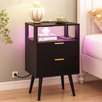 JOONEE Black Nightstand with Charging Station and LED Lights, Modern Bedside by JOONEE