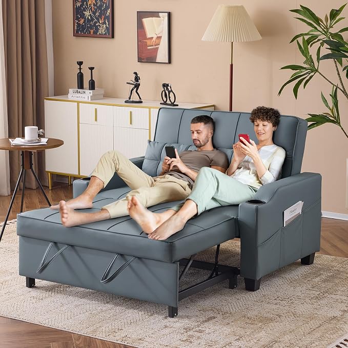 VINGLI Blue Grey Futon Sofa Bed Convertible Loveseat Sleeper Couch, Faux - Image 9