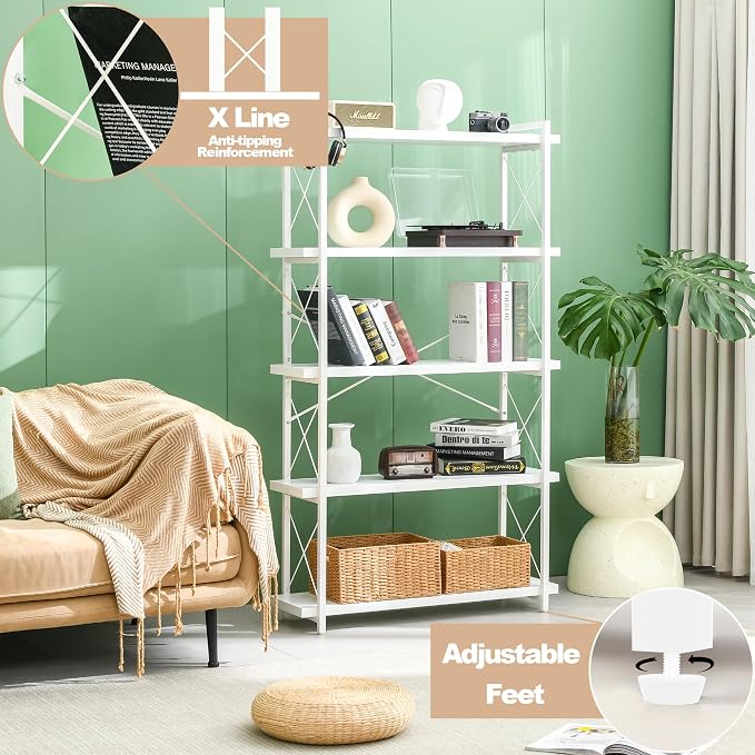HCHQHS Bookshelf, 5-Tier Industrial Bookcase, Freestanding Tall Bookshelves - Image 6