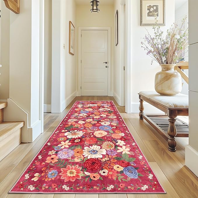 Red Floral Hallway Runner Rug 3x7 by WelcometoBabovid