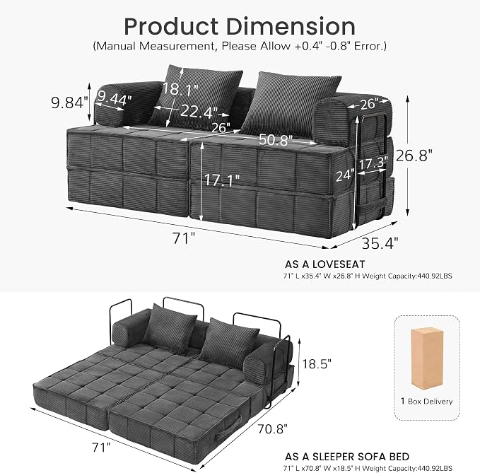 Korser Folding Convertible Sofa Bed, Corduroy Upholstered Boneless Couch - Image 2