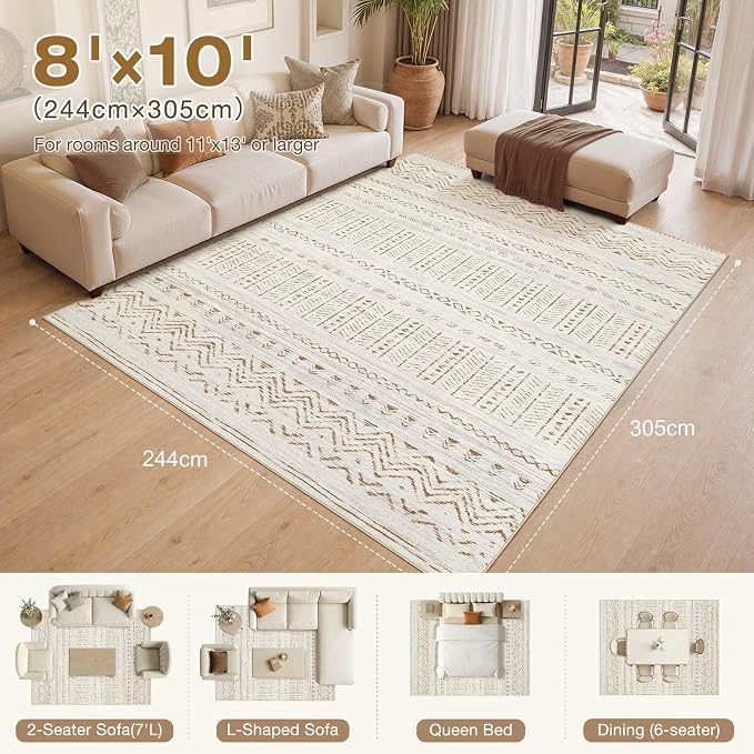 cotiled Boho 8x10 Area Rugs for Living Room: Large Moroccan Washable Rug | - Image 8