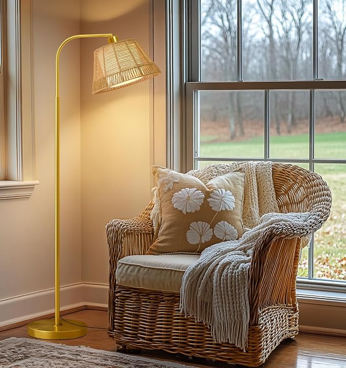 Oneach Arc Floor Lamp for Living Room, Rattan Boho Floor Lamp - Image 4