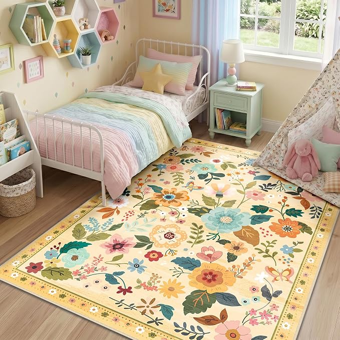 RELEANY Floral Washable 6x9 Area Rugs Ivory/Yellow | Flower Carpet Print Boho - Image 9