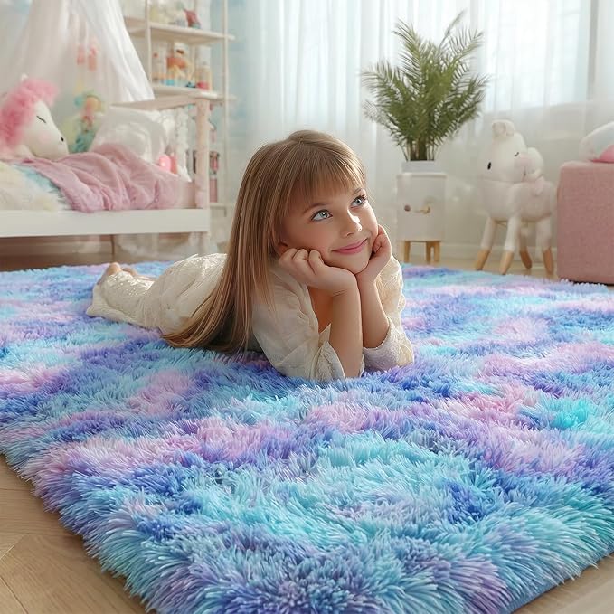 Plush Rainbow Mermaid Rugs for Bedroom Girls, 6x9 Soft Purple Shag Area Rugs - Image 4