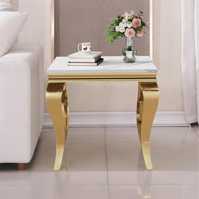Henf Marble End Table Modern White Faux Marble Sofa Side Table - Image 3