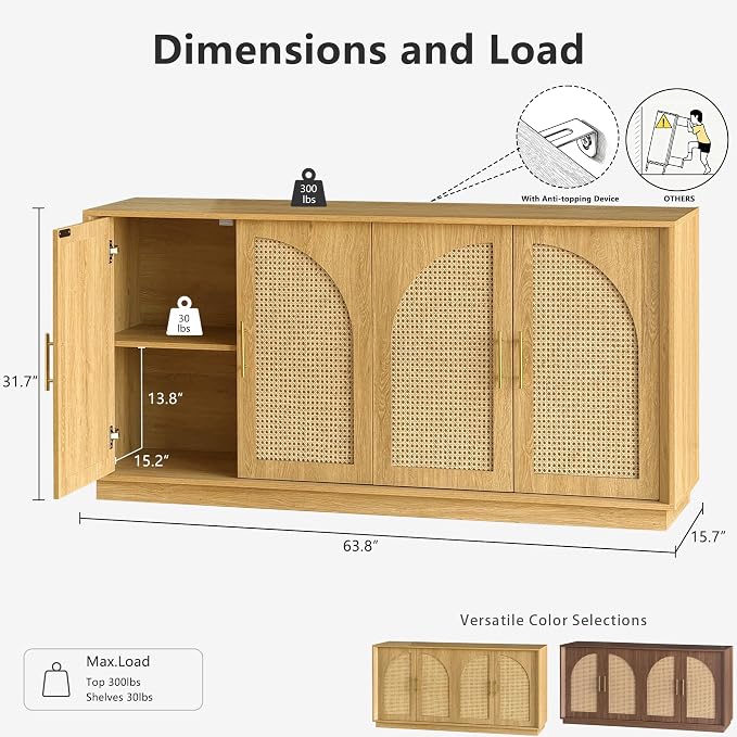FORTUNETEC 63" Sideboard Buffet Cabinet - Image 2