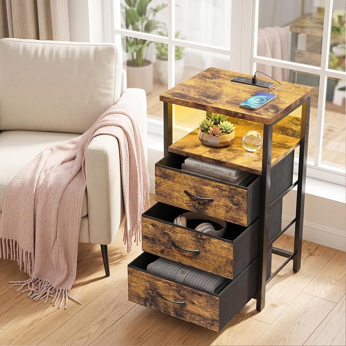 Fixwal Night Stand with Charging Station, LED Nightstand with Fabric Drawers - Image 6
