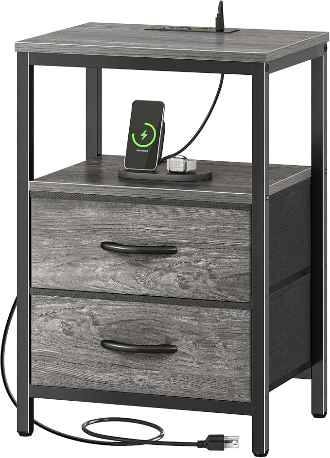 Huuger Nightstand with Charging Station, Fabric Drawers, End Table with Open by Huuger