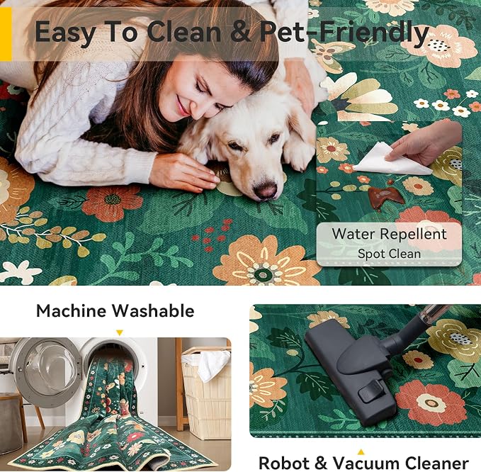 RELEANY Floral Washable 4x6 Area Rugs DarkGreen | Flower Carpet Print Boho Cute - Image 3