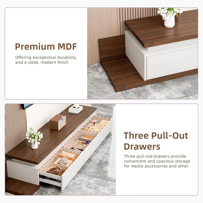 Extendable TV Stand with LED Lights, Modern TV Console with 3 Drawers, Wooden - Image 6