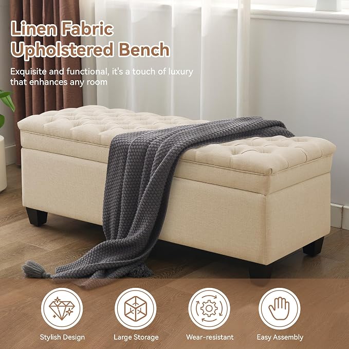 WUTUTUEE 51" Fabric Storage Ottoman Bench, Upholstered Rectangle End of Bed - Image 6