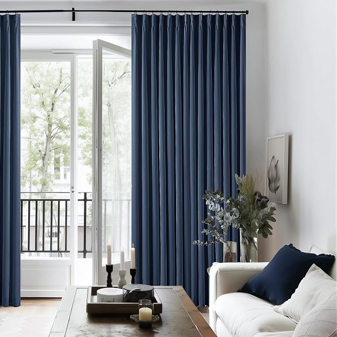 Navy Blue Pinch Pleated Full Blackout Linen 80 Inch Window Curtains | Room - Image 7