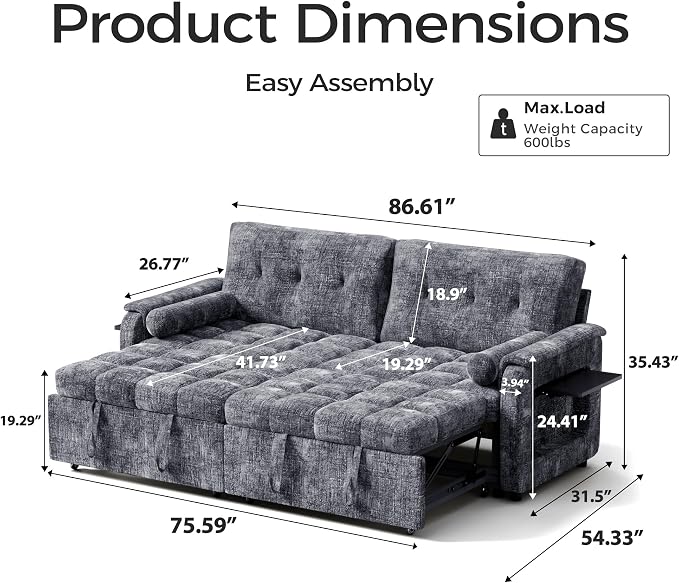 Convertible Sleeper Sofa Bed, 86 Inch Chenille Pull Out Couch - Image 2