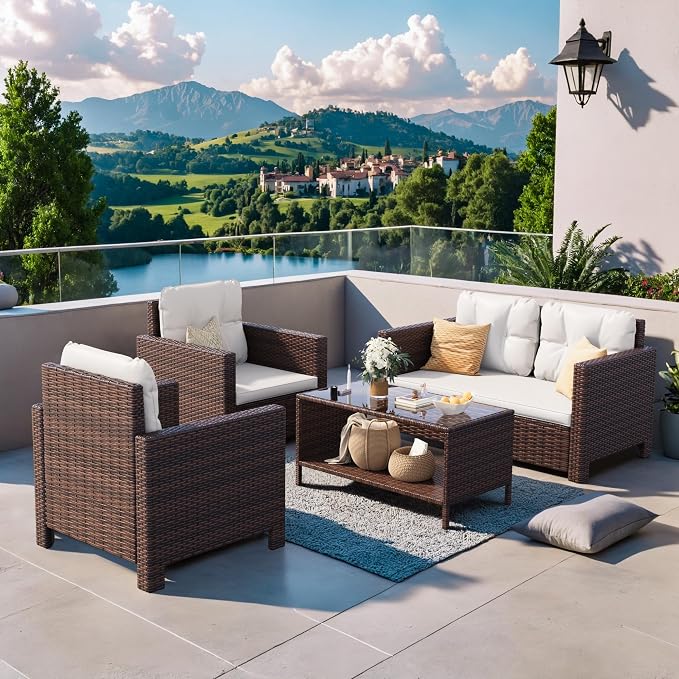 Homall 4 Pieces Patio Furniture Sets Rattan Chair Wicker Conversation Sofa Set by Homall