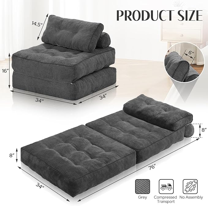 HABUTWAY Folding Sofa Bed, Convertible Sleeper Chair Bed w/Dual-Pillow & Handle - Image 2