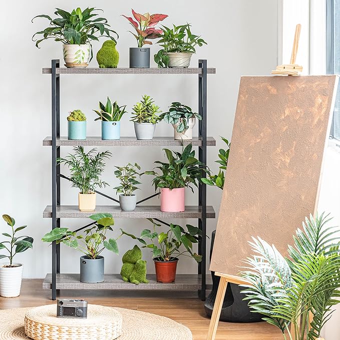 HCHQHS Bookshelf, 4-Tier Industrial Bookcase, Rustic Open Book Shelf, - Image 9