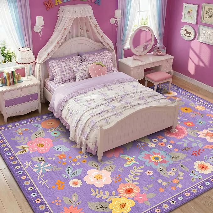 RELEANY Floral Washable 7x9 Area Rugs Purple/Pink | Flower Carpet Print Boho by RELEANY
