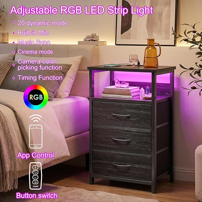 Fixwal Night Stand with Charging Station, LED Nightstand with Fabric Drawers - Image 4