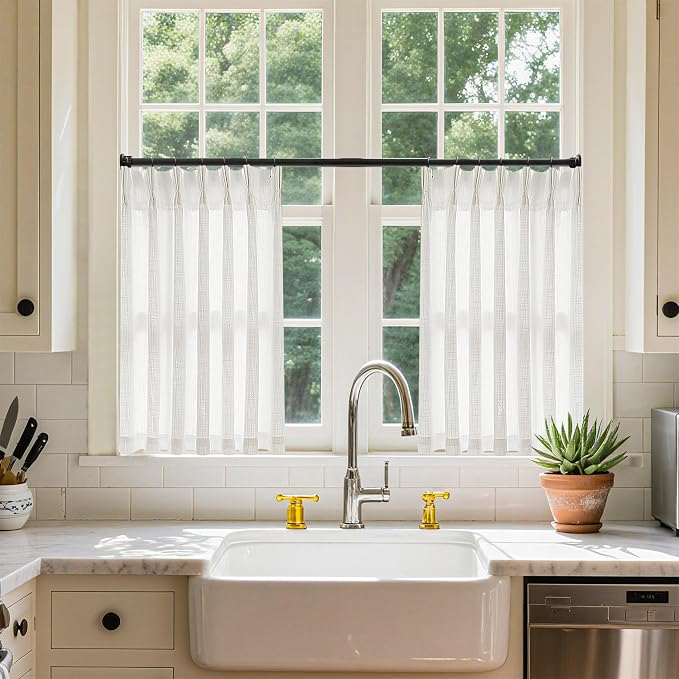 Beige White Linen Pleated Curtains 30 Inch Length Light Filtering | Semi Sheer - Image 8