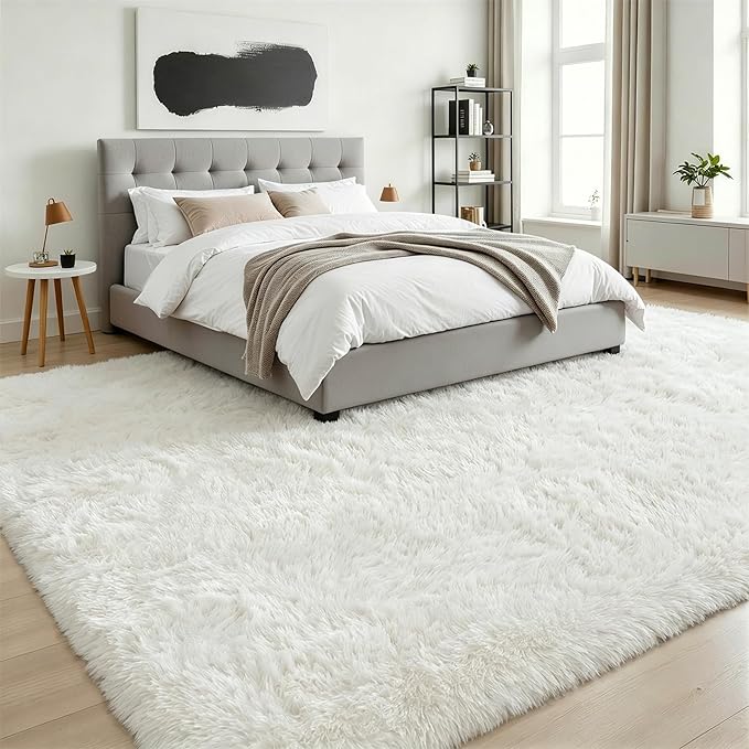 8x10 Area Rug Living Room Bedroom: Fluffy Plush Shag Carpet Ivory | - Image 3