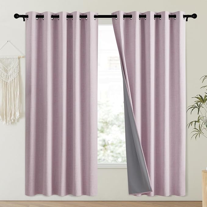 NICETOWN Pink Vintage Linen 100% Blackout Curtains - Image 2