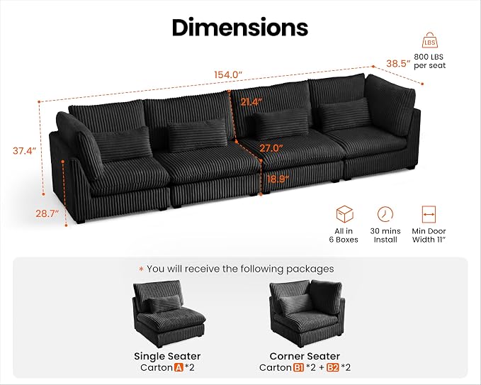154" Oversized Corduroy Couch Modular Sectional Sofa, Washable Cloud Couch - Image 2